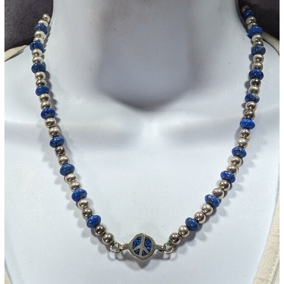 Vintage Hippie Peace Sign Lapis And Silver Tone Beaded Necklace - Picture 4 of 6